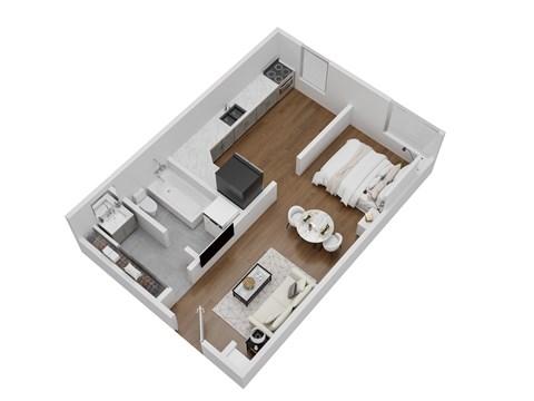 A top down view of a small apartment with a kitchen, living room and bathroom.
